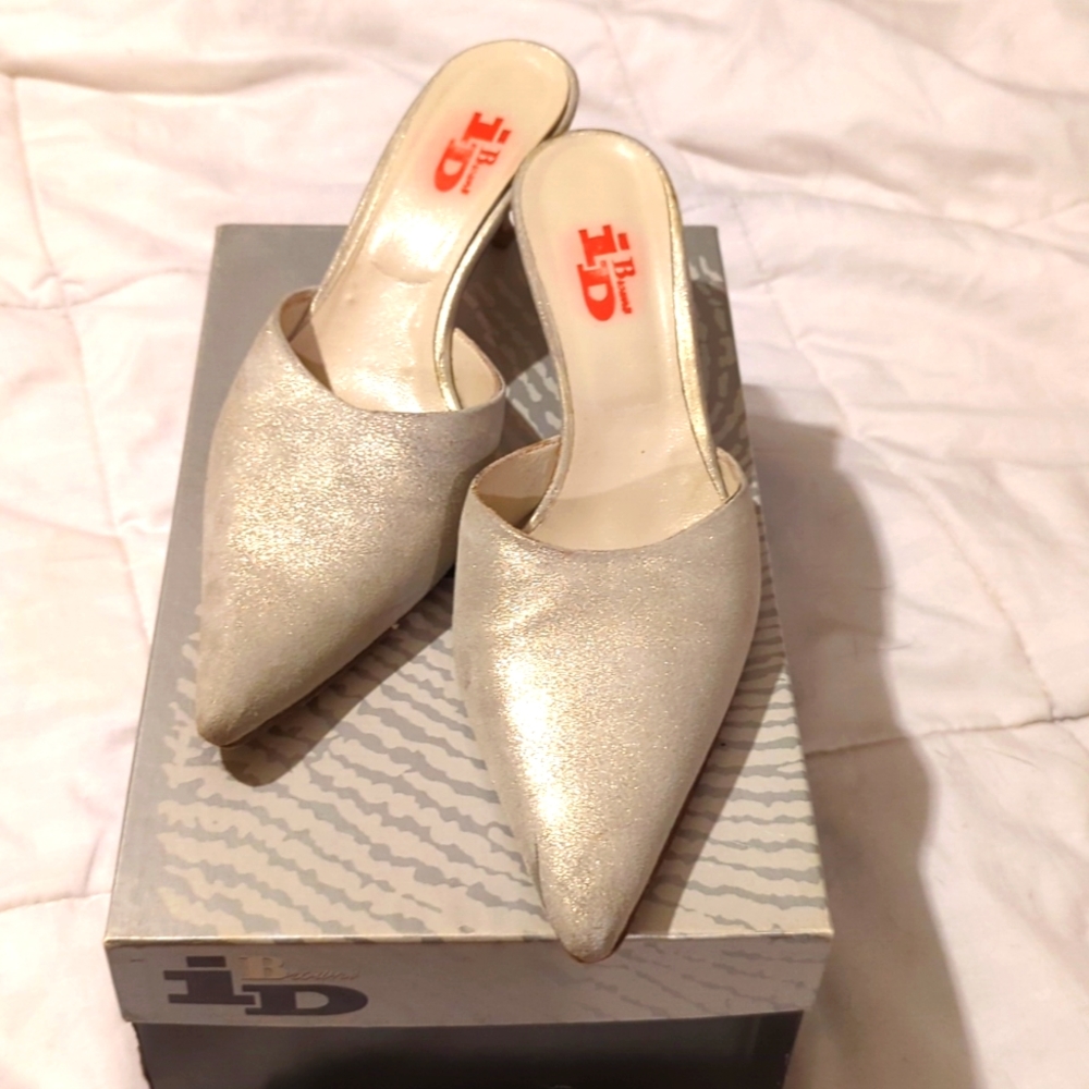 Silver low heel mules, size 38.5